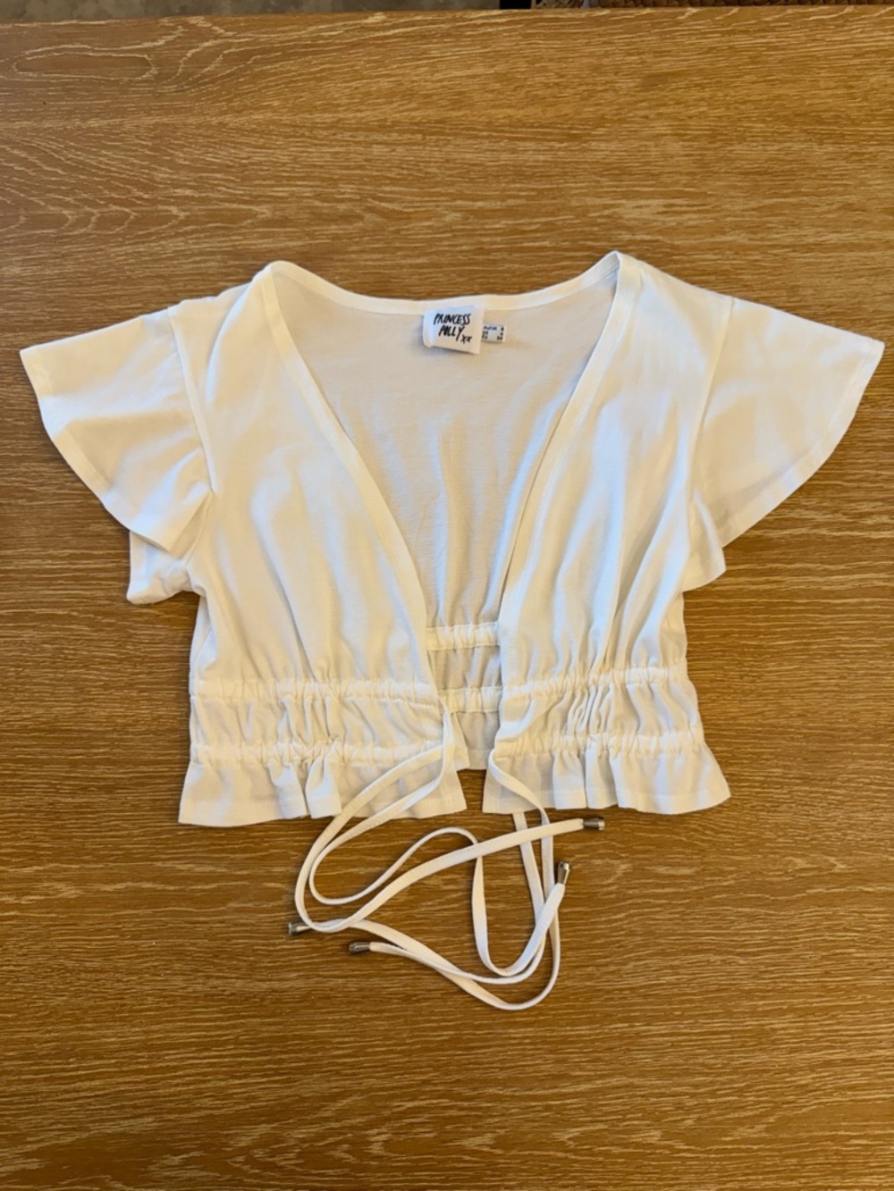 Princess Polly White Front Tie Crop Top with Ruffle Sleeves - Size 4